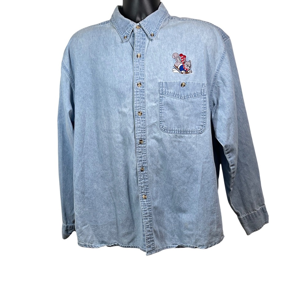 Blue Pointe Mens L Denim Button Down Shirt Light Wash Embroidered Squirrel Sled